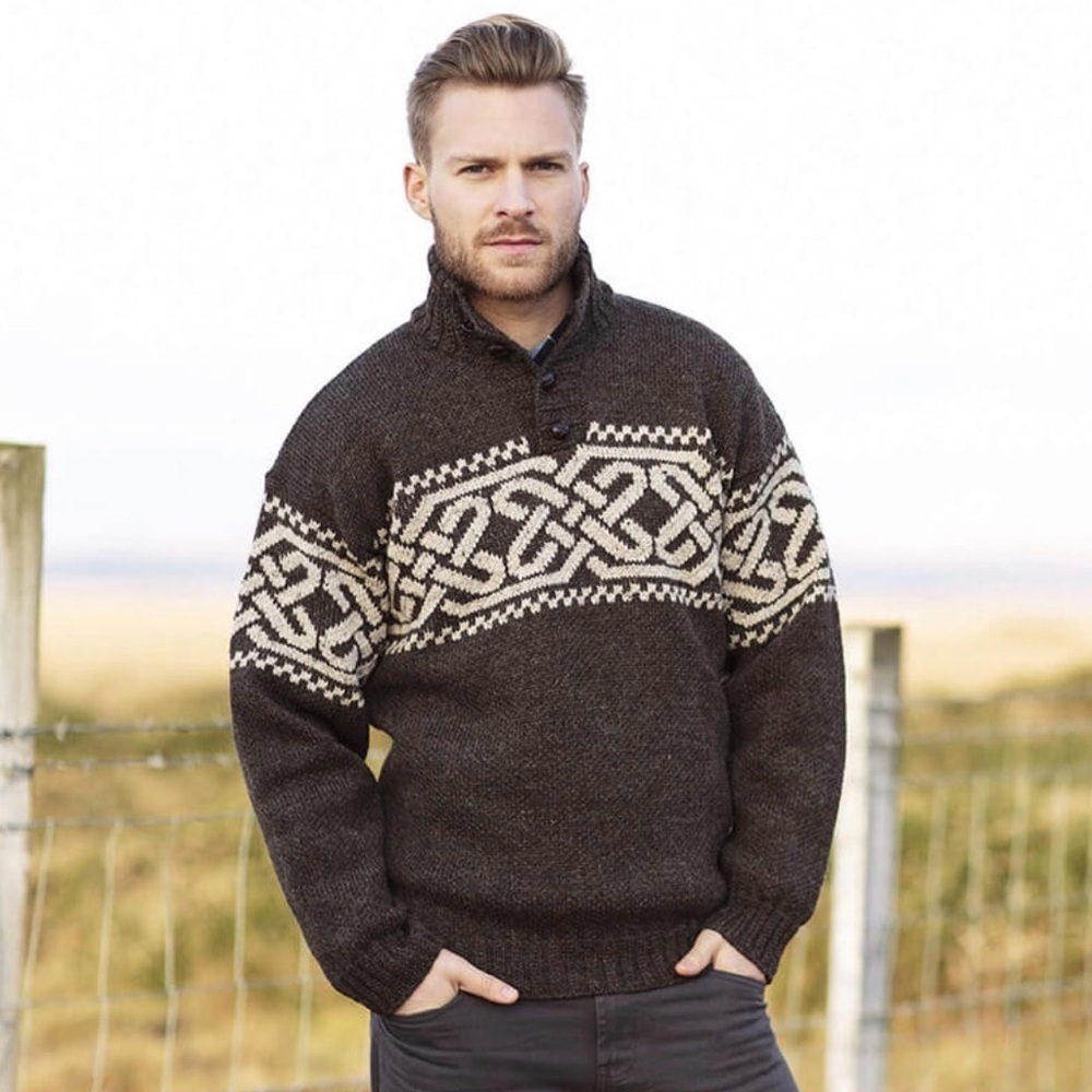 Carraigdonn Men’s Brown Celtic Troyer Sweater 100% Irish Wool Size Large Ireland